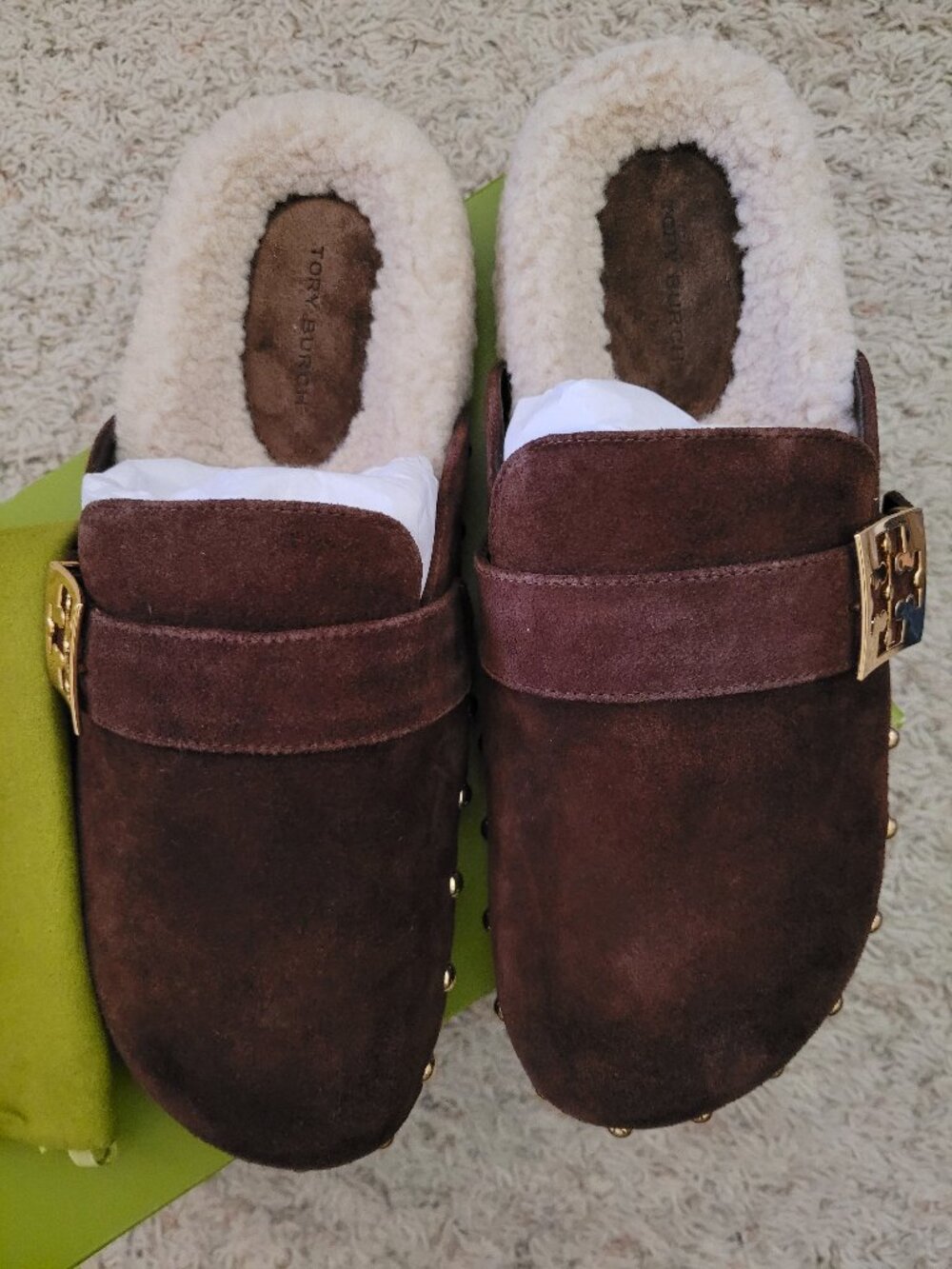 NIB Tory Burch Mellow Stud Shearling Mule Suede Faux Shearling - 9